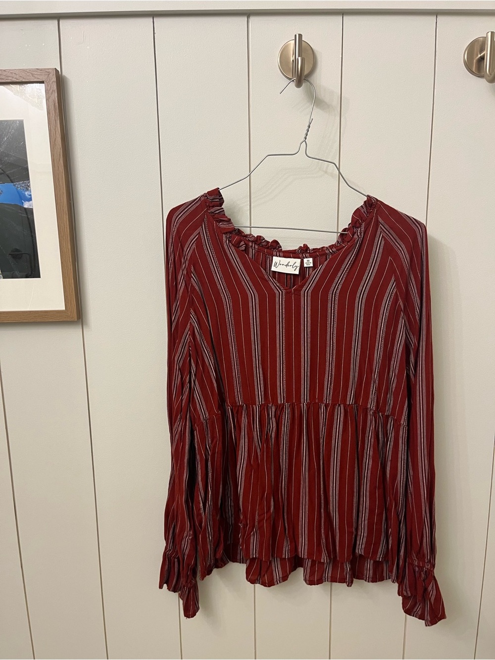 Wonderly Red Striped Ruffle Neck Blouse